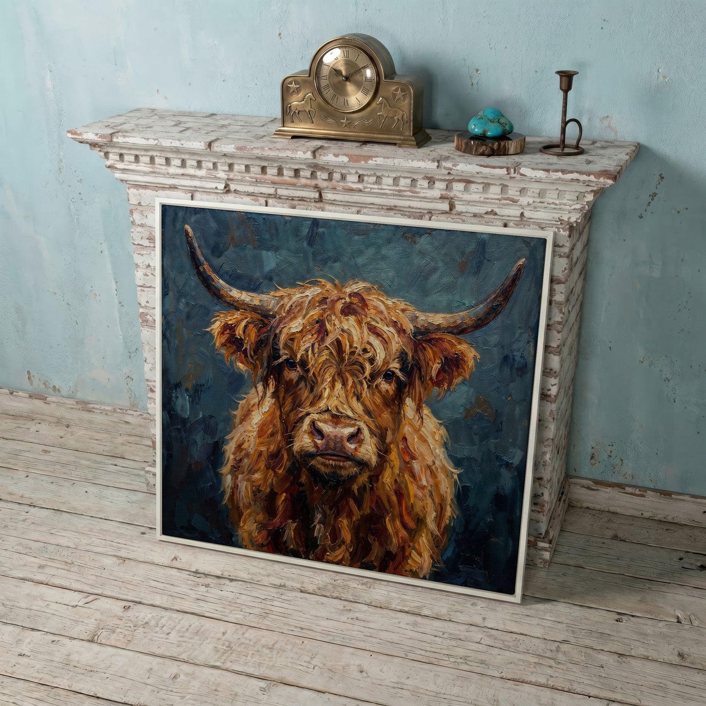 Highland Cow Portrait Canvas Art, Close-Up Face and Horns in white floating frame