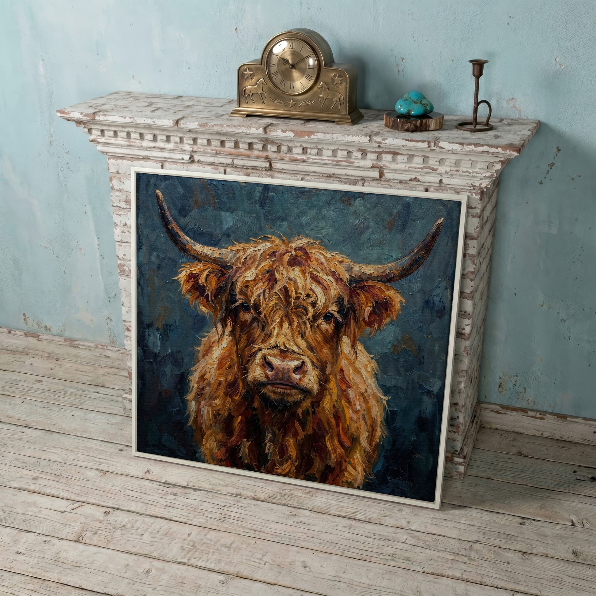 Highland Cow Portrait Canvas Art, Close-Up Face and Horns in white floating frame