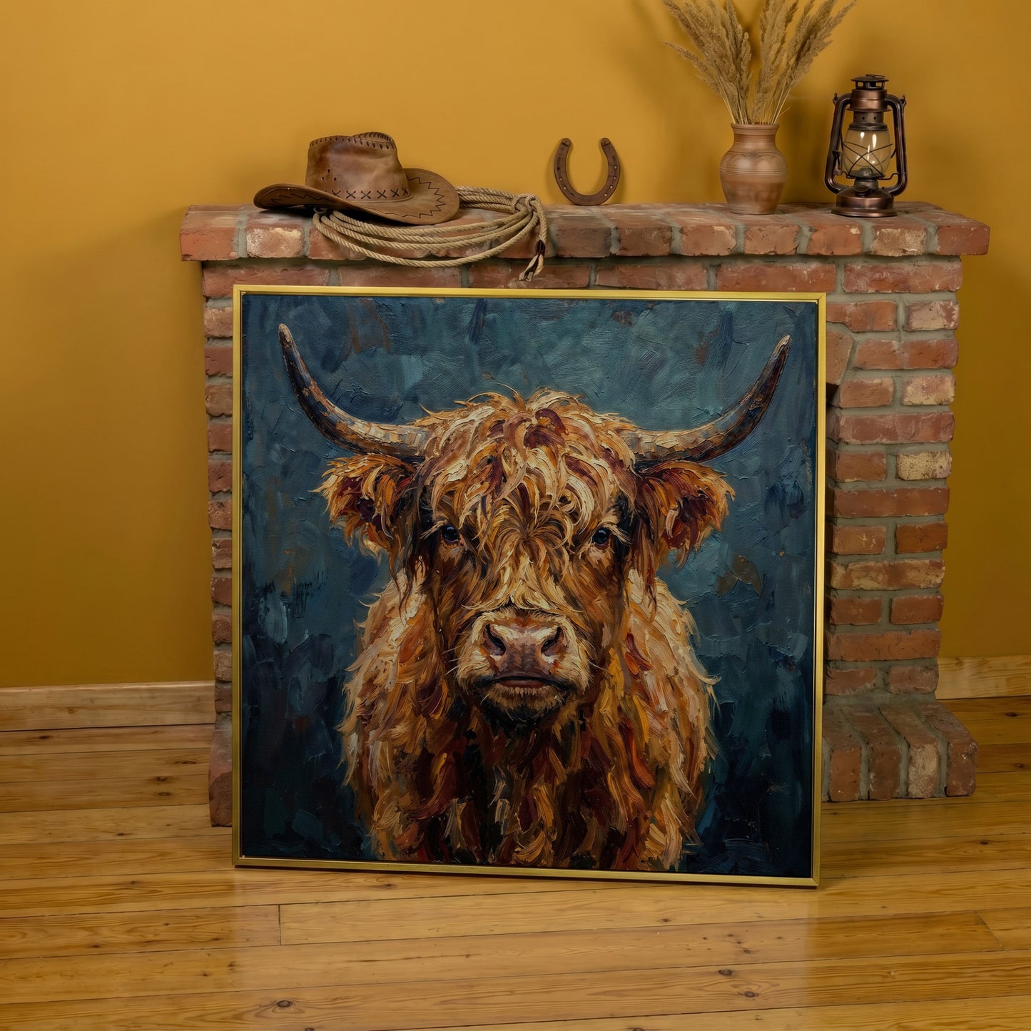 Highland Cow Portrait Canvas Art, Close-Up Face and Horns in yellow gold floating frame