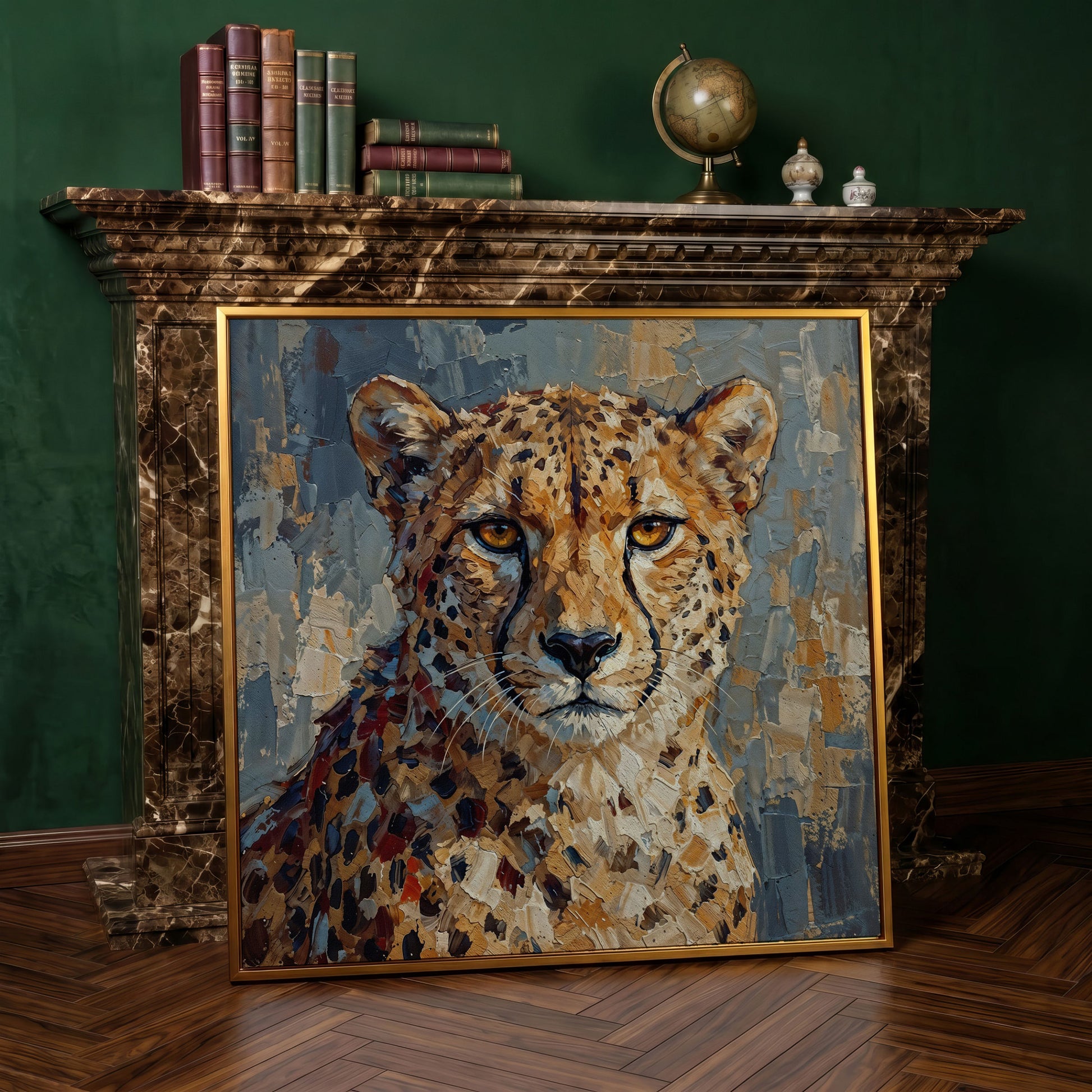 Cheetah Portrait Canvas Art, Close-Up Wildlife Study in antique gold floating frame