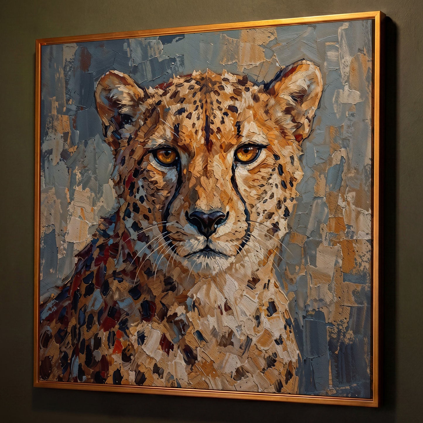 Cheetah Portrait Canvas Art, Close-Up Wildlife Study shown in antique gold floating frame
