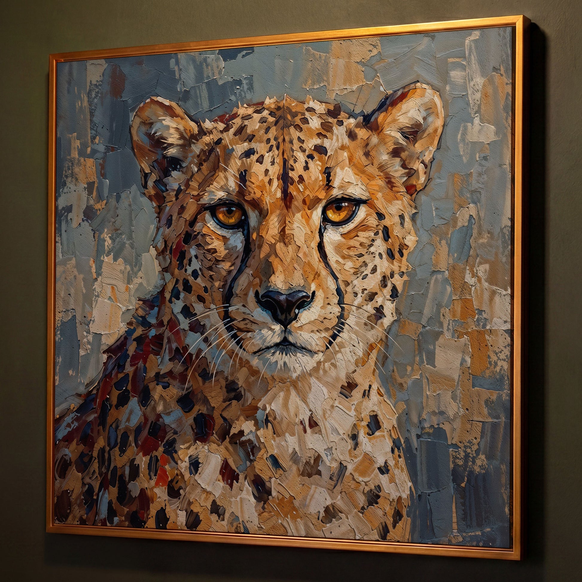 Cheetah Portrait Canvas Art, Close-Up Wildlife Study shown in antique gold floating frame