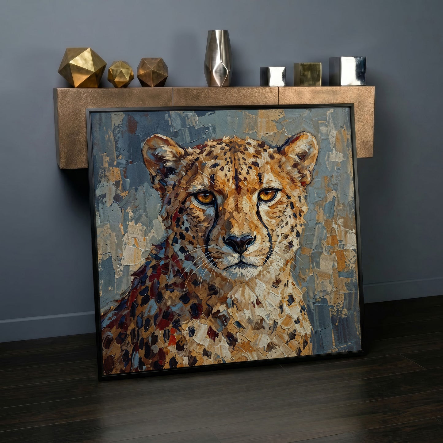Cheetah Portrait Canvas Art, Close-Up Wildlife Study in black floating frame