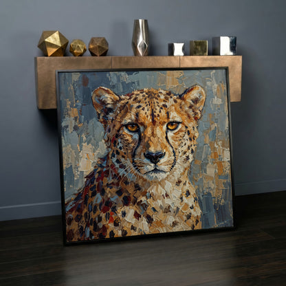 Cheetah Portrait Canvas Art, Close-Up Wildlife Study in black floating frame