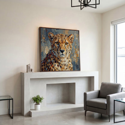 Cheetah Portrait Canvas Art, Close-Up Wildlife Study in dark walnut floating frame