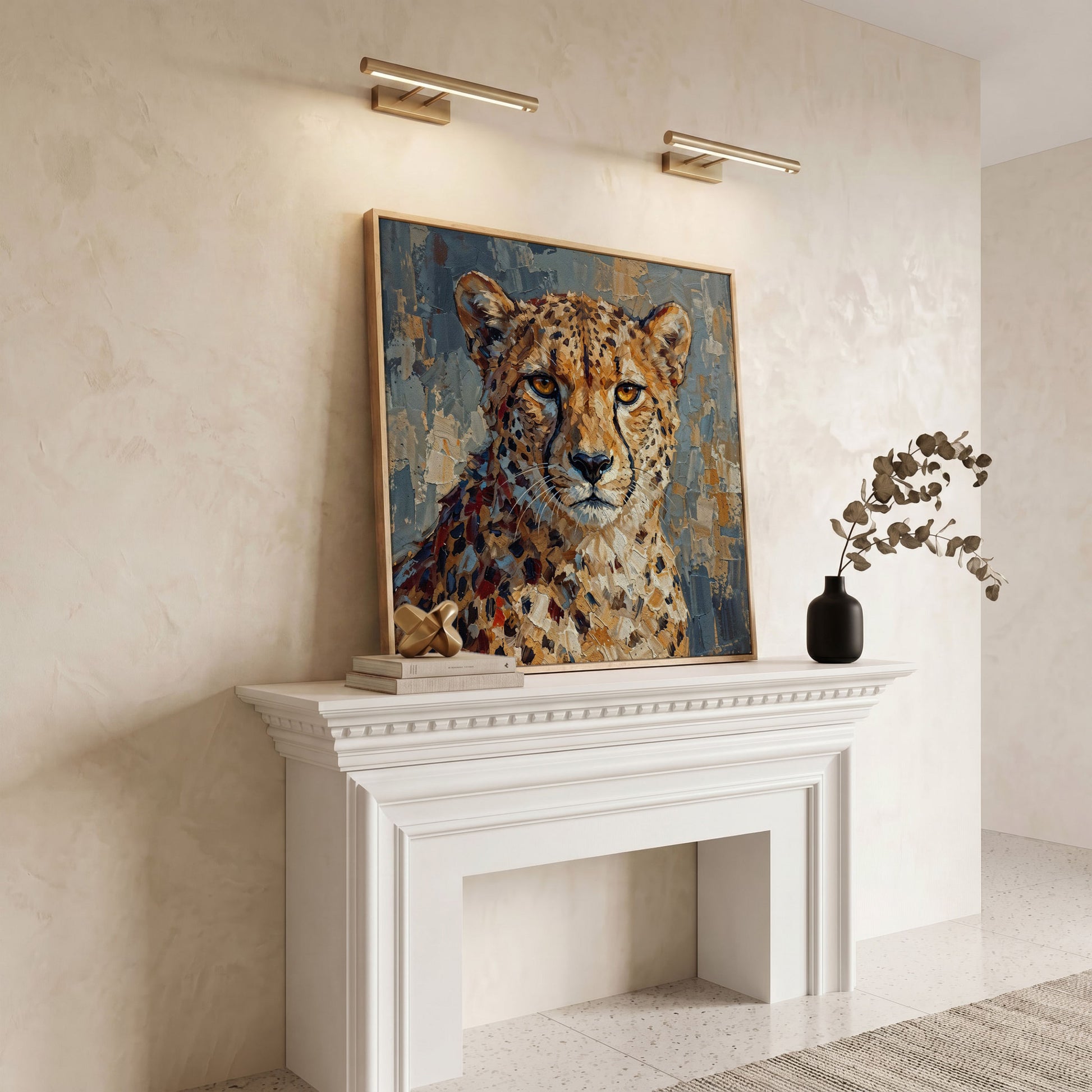 Cheetah Portrait Canvas Art, Close-Up Wildlife Study in white oak floating frame