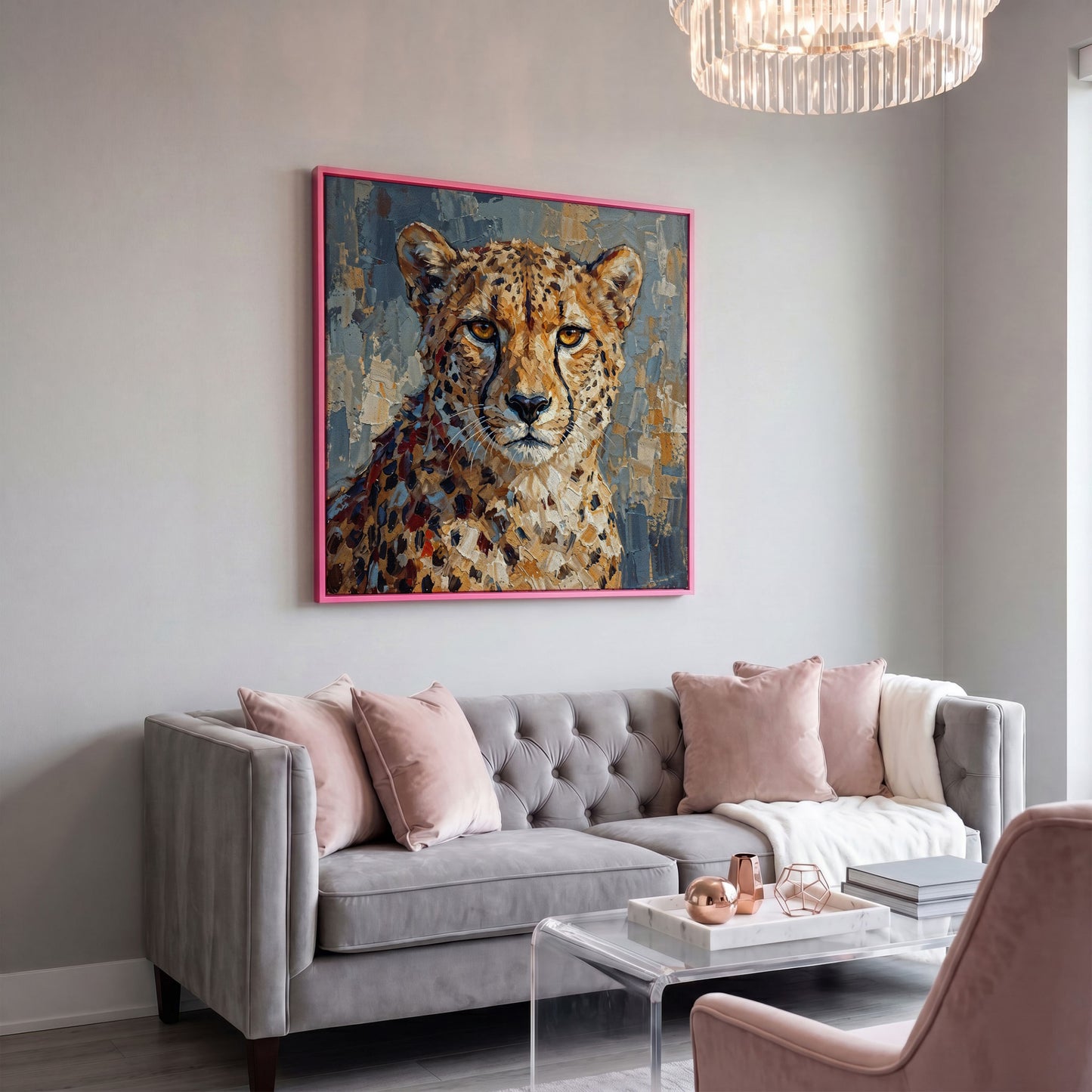 Cheetah Portrait Canvas Art, Close-Up Wildlife Study in pink floating frame
