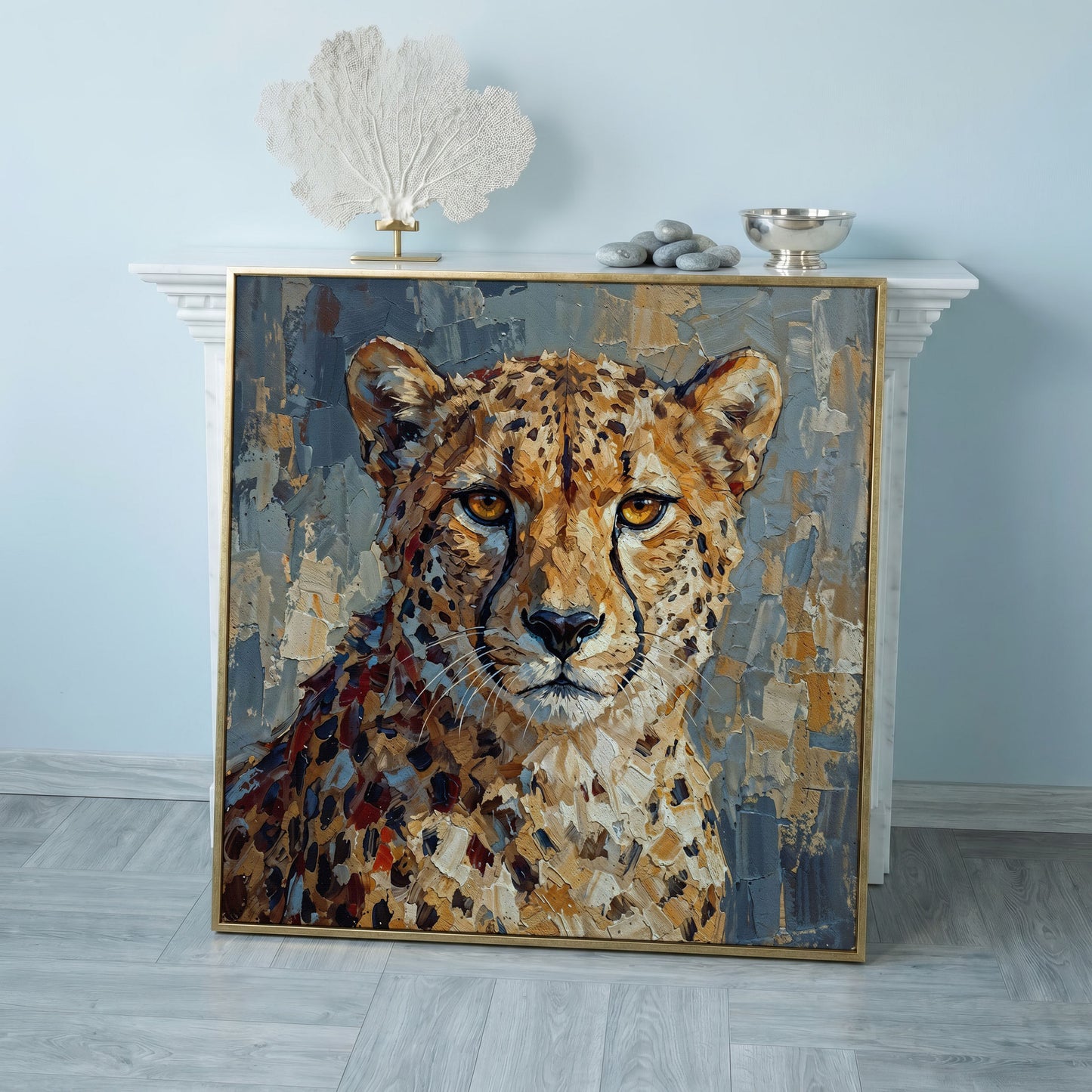 Cheetah Portrait Canvas Art, Close-Up Wildlife Study in rose gold floating frame