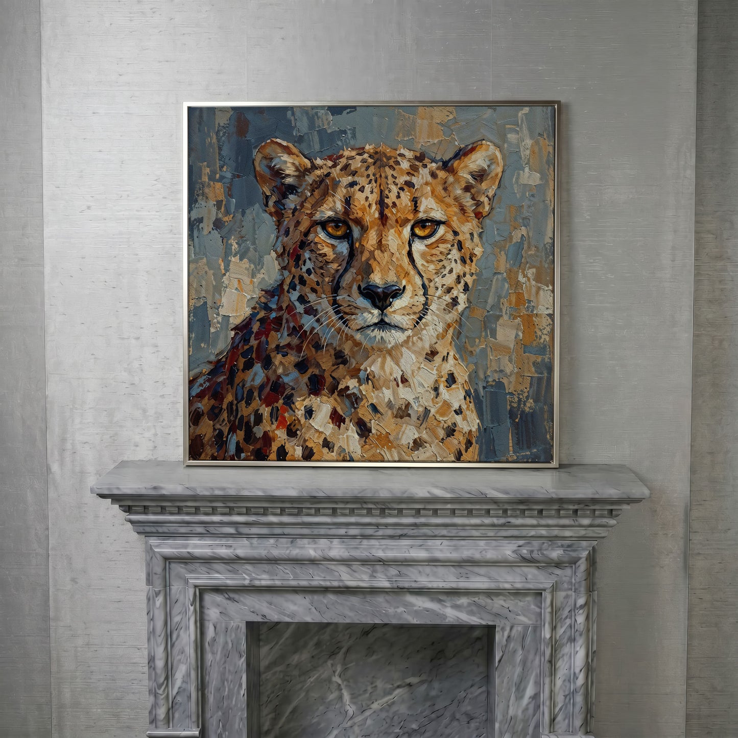 Cheetah Portrait Canvas Art, Close-Up Wildlife Study in silver floating frame