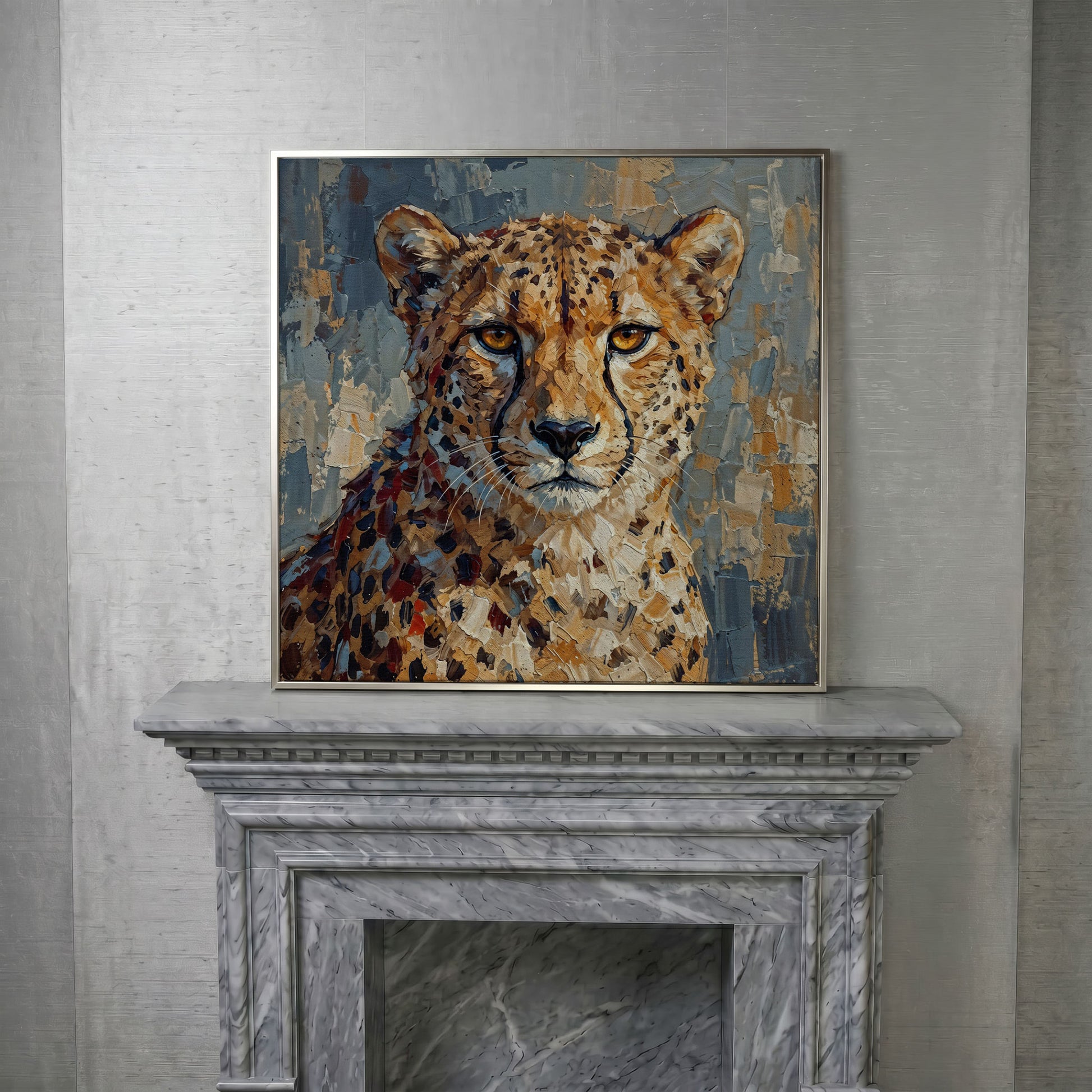 Cheetah Portrait Canvas Art, Close-Up Wildlife Study in silver floating frame