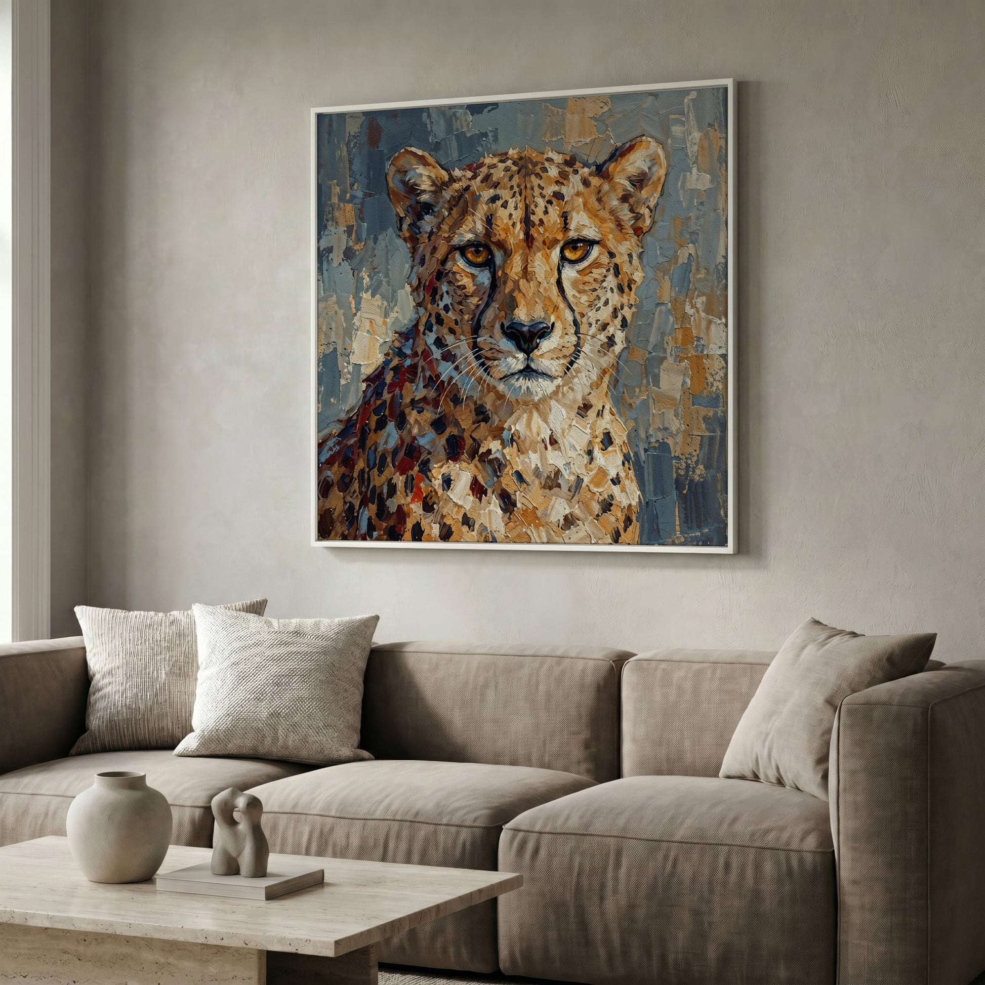 Cheetah Portrait Canvas Art, Close-Up Wildlife Study in white floating frame
