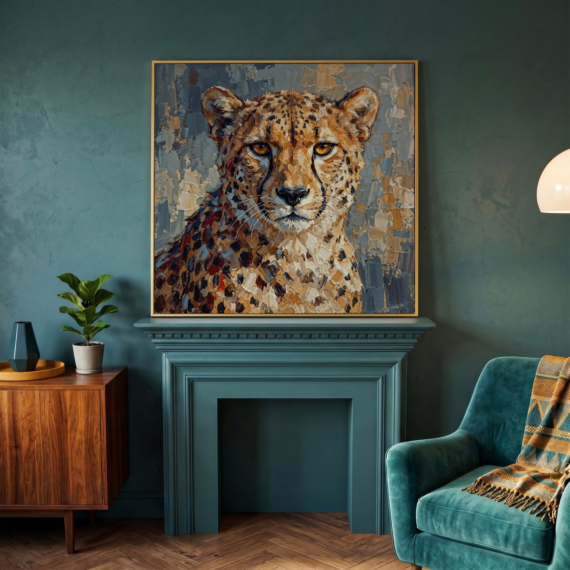 Cheetah Portrait Canvas Art, Close-Up Wildlife Study in yellow gold floating frame