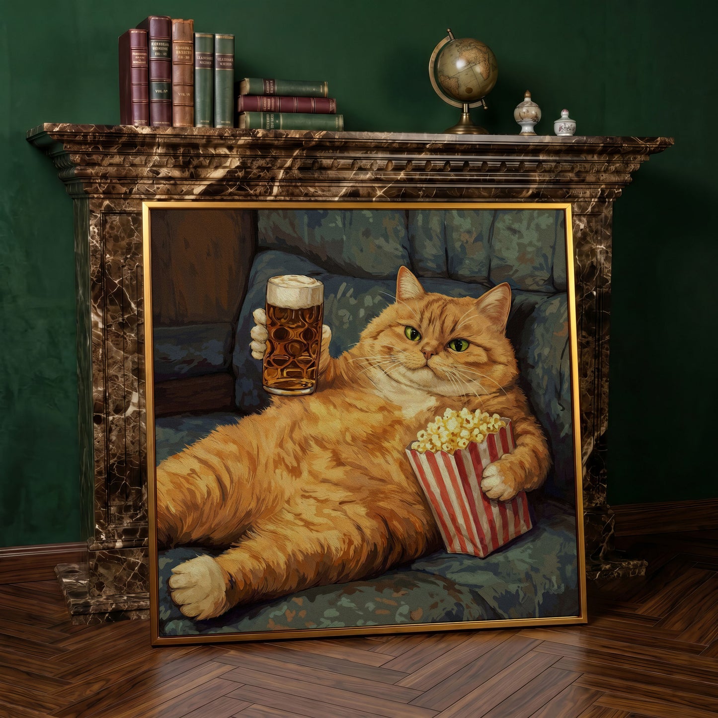 Couch Potato Cat Canvas Art, Square Wall Art Print in antique gold floating frame