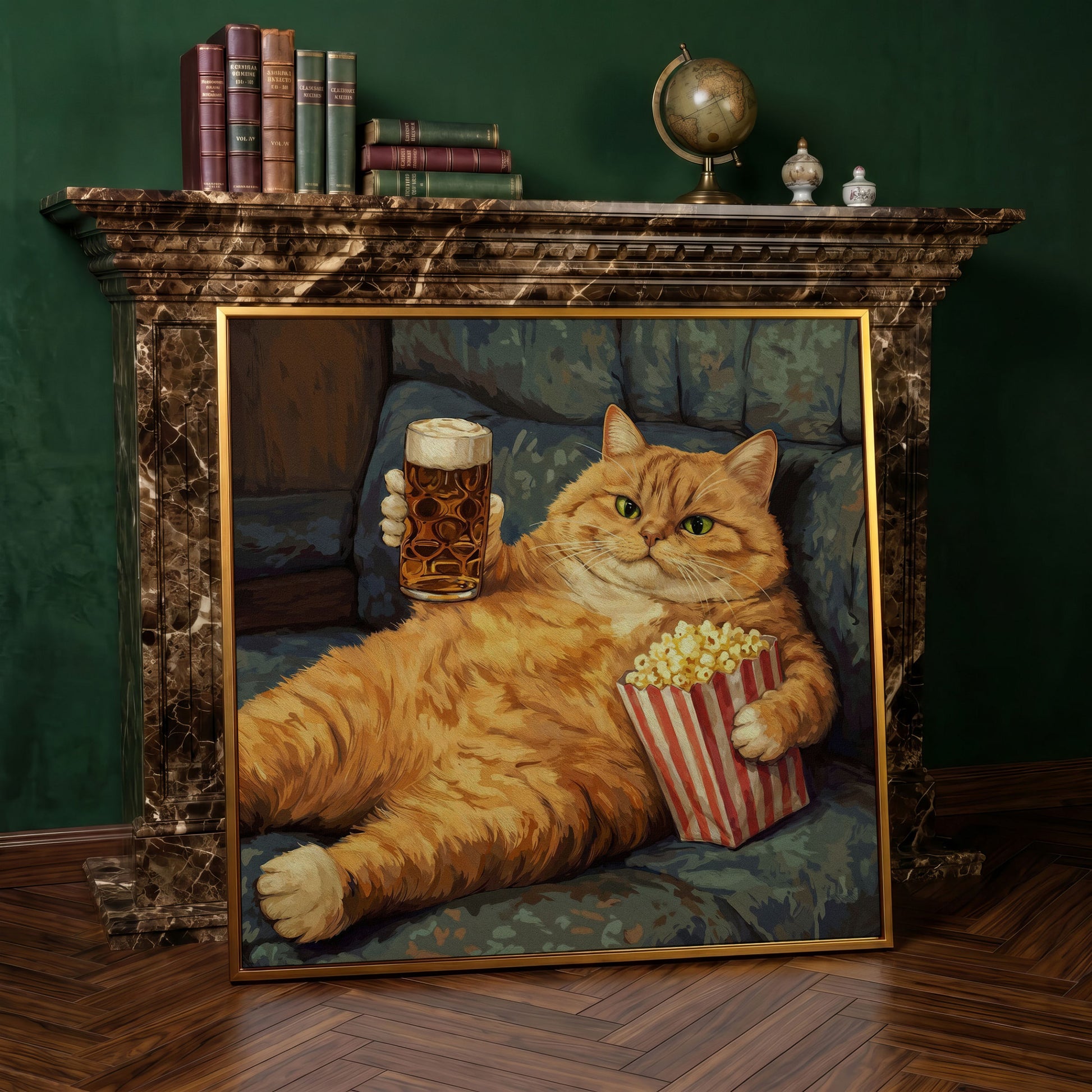 Couch Potato Cat Canvas Art, Square Wall Art Print in antique gold floating frame
