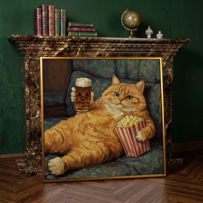 Couch Potato Cat Canvas Art, Square Wall Art Print in antique gold floating frame