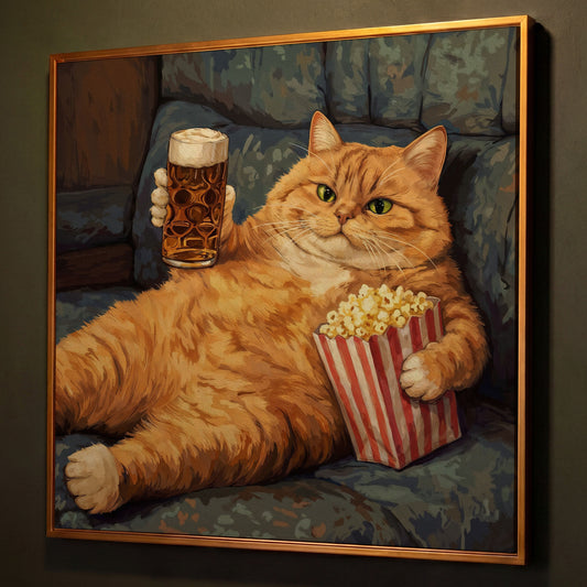Couch Potato Cat Canvas Art, Square Wall Art Print shown in antique gold floating frame