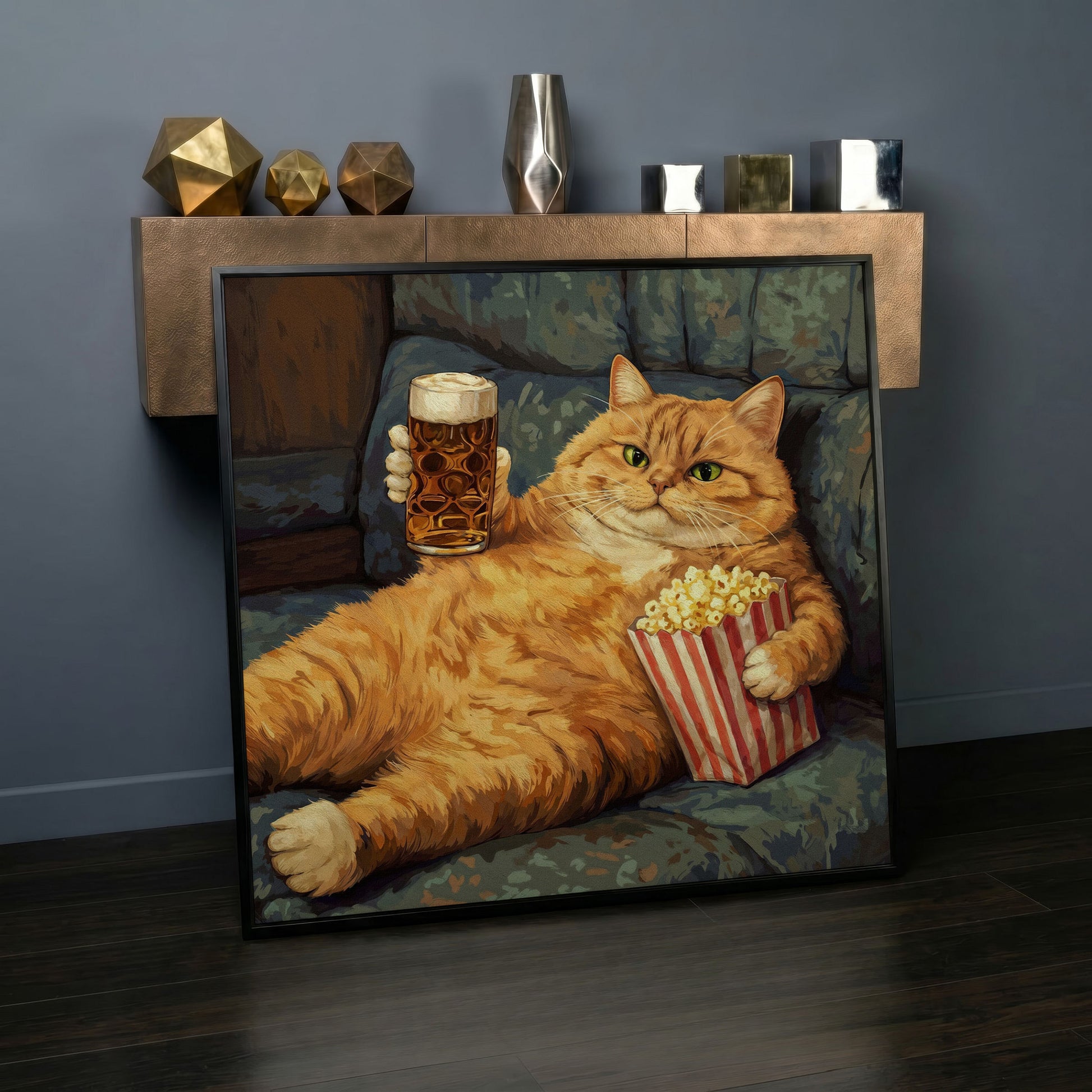 Couch Potato Cat Canvas Art, Square Wall Art Print in black floating frame