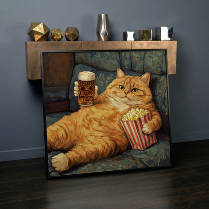 Couch Potato Cat Canvas Art, Square Wall Art Print in black floating frame