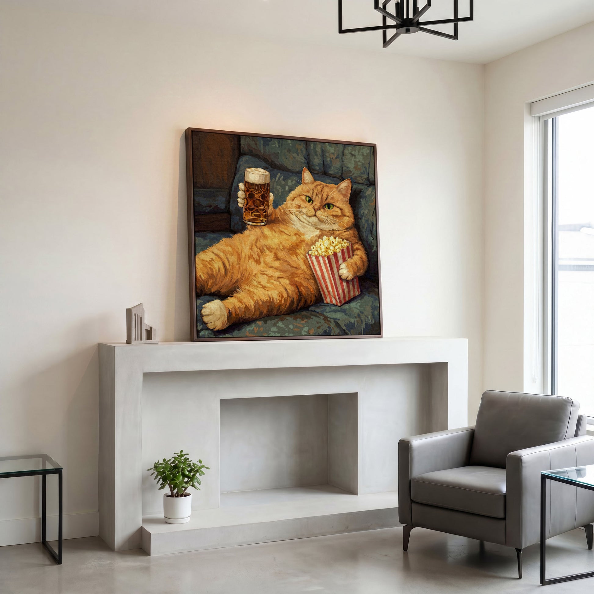 Couch Potato Cat Canvas Art, Square Wall Art Print in dark walnut floating frame