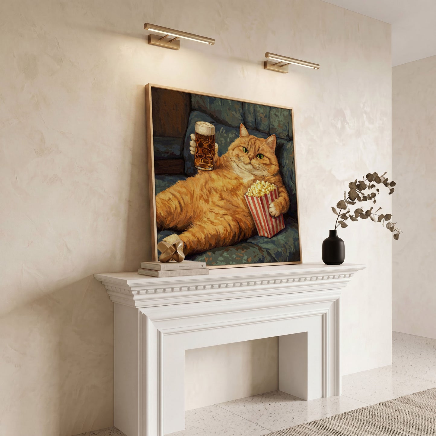 Couch Potato Cat Canvas Art, Square Wall Art Print in white oak floating frame
