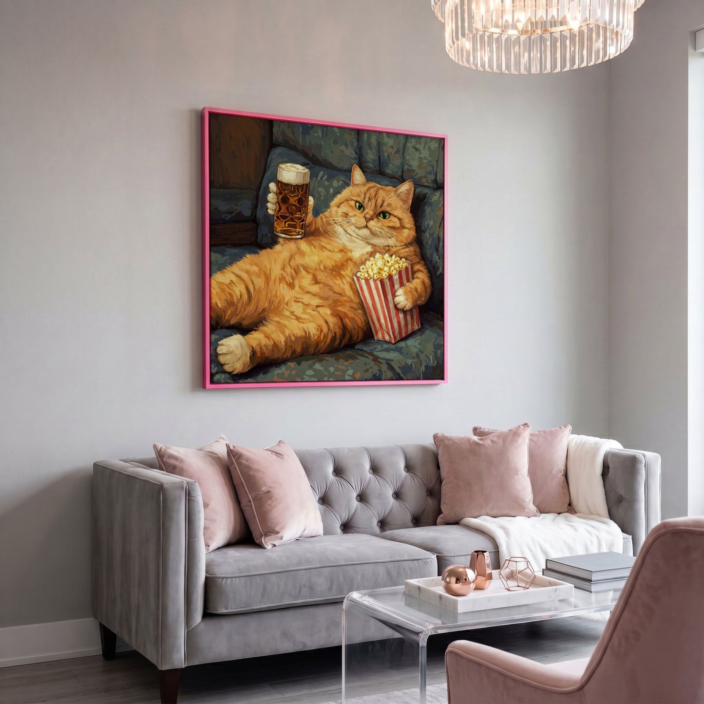 Couch Potato Cat Canvas Art, Square Wall Art Print in pink floating frame
