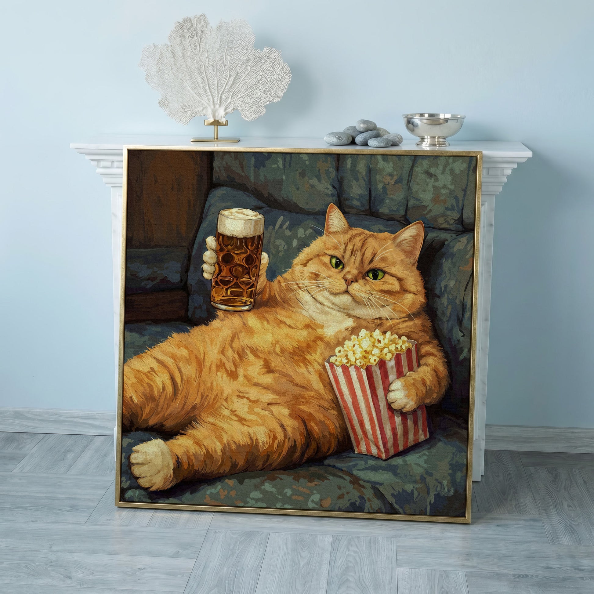Couch Potato Cat Canvas Art, Square Wall Art Print in rose gold floating frame