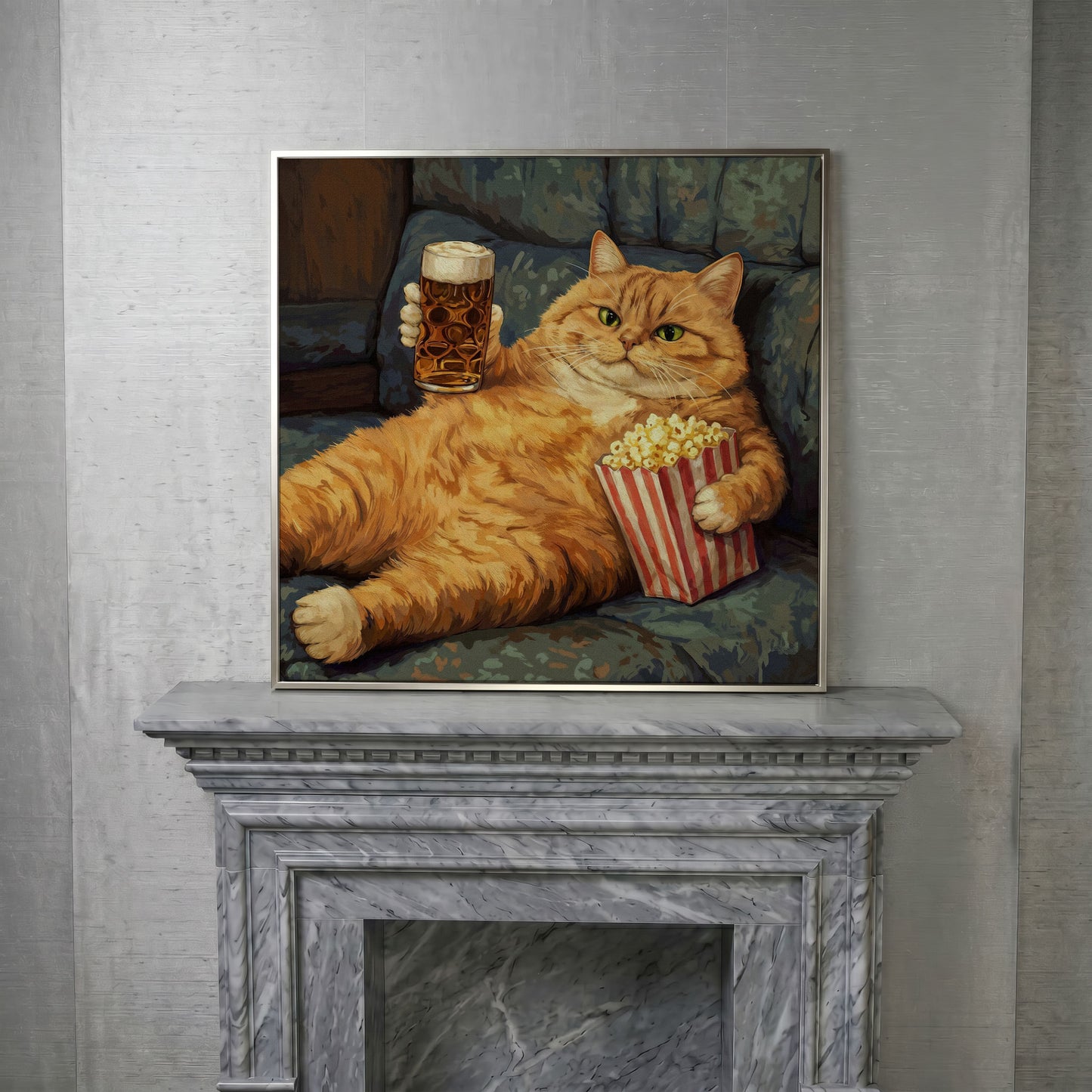 Couch Potato Cat Canvas Art, Square Wall Art Print in silver floating frame