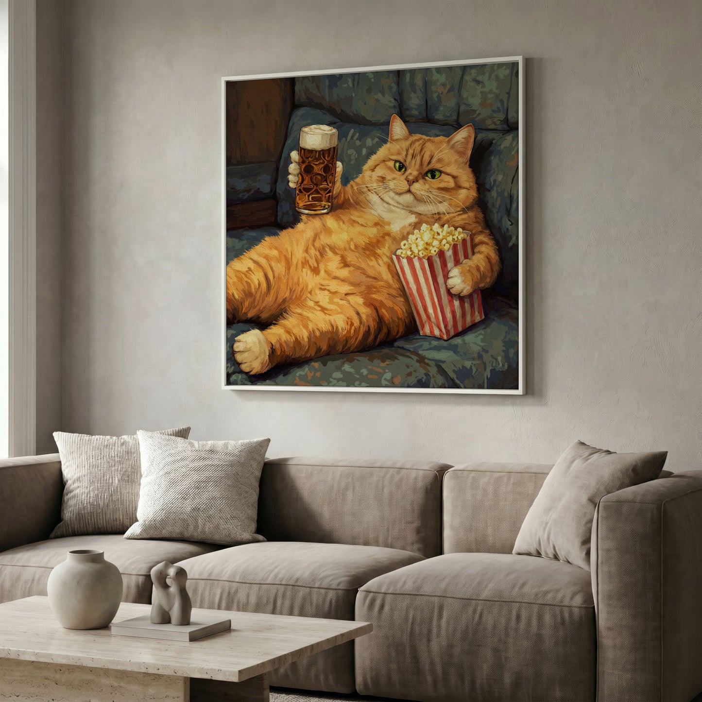 Couch Potato Cat Canvas Art, Square Wall Art Print in white floating frame