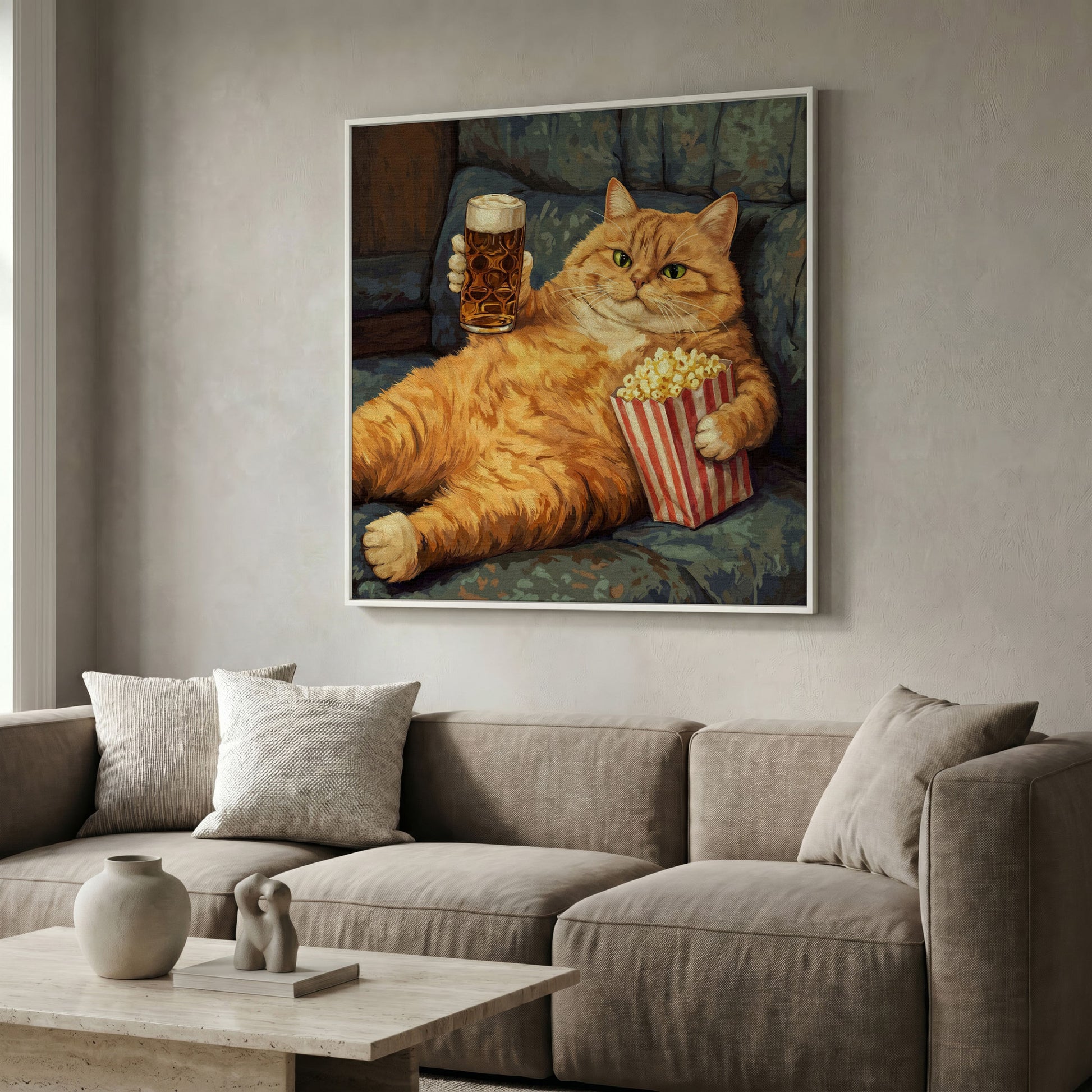 Couch Potato Cat Canvas Art, Square Wall Art Print in white floating frame