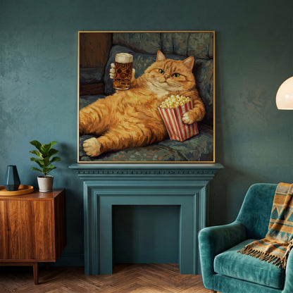 Couch Potato Cat Canvas Art, Square Wall Art Print in yellow gold floating frame