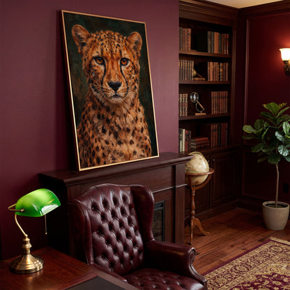 Cheetah Portrait Canvas Print, Head and Chest Close-Up in antique gold floating frame