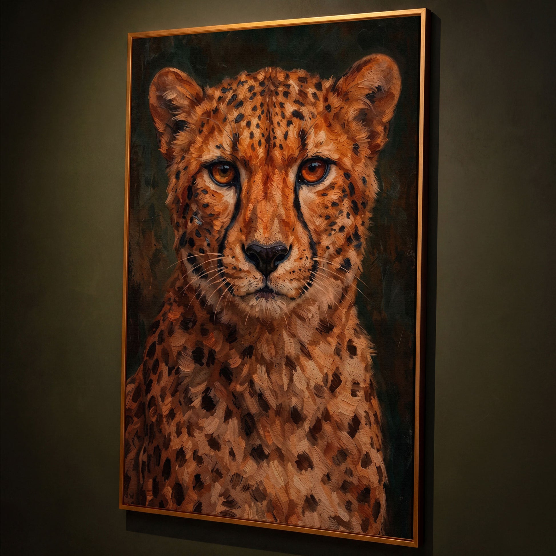 Cheetah Portrait Canvas Print, Head and Chest Close-Up shown in antique gold floating frame