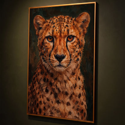 Cheetah Portrait Canvas Print, Head and Chest Close-Up shown in antique gold floating frame
