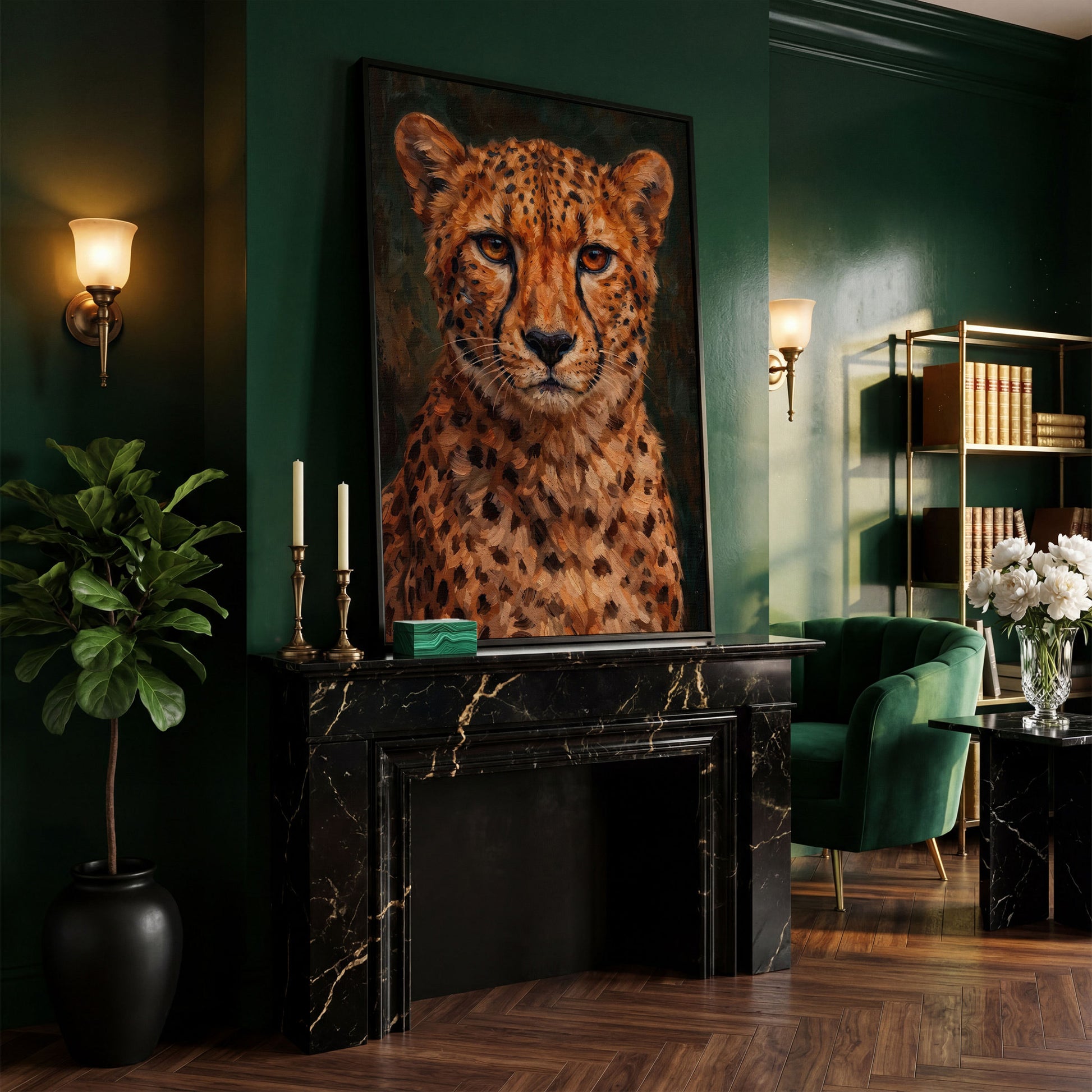 Cheetah Portrait Canvas Print, Head and Chest Close-Up in black floating frame