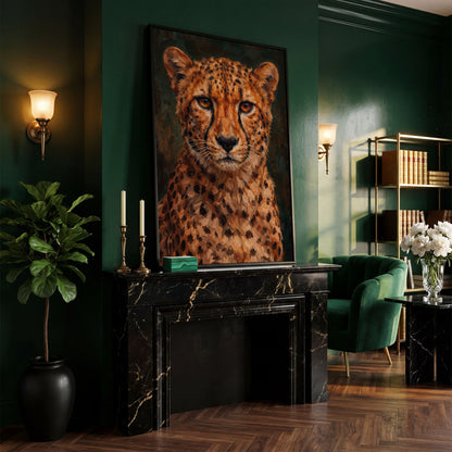 Cheetah Portrait Canvas Print, Head and Chest Close-Up in black floating frame