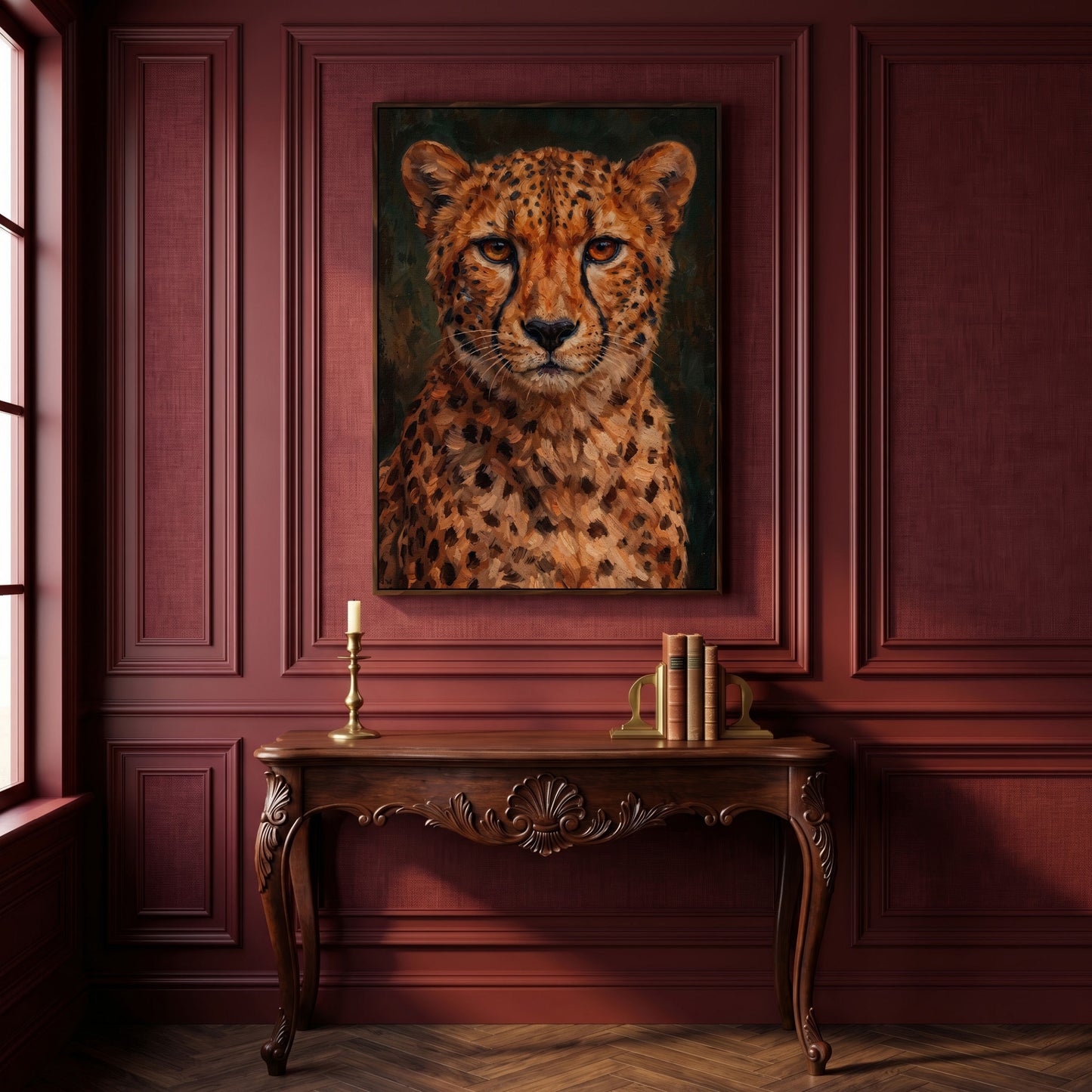 Cheetah Portrait Canvas Print, Head and Chest Close-Up in dark walnut floating frame