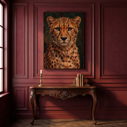 Cheetah Portrait Canvas Print, Head and Chest Close-Up in dark walnut floating frame