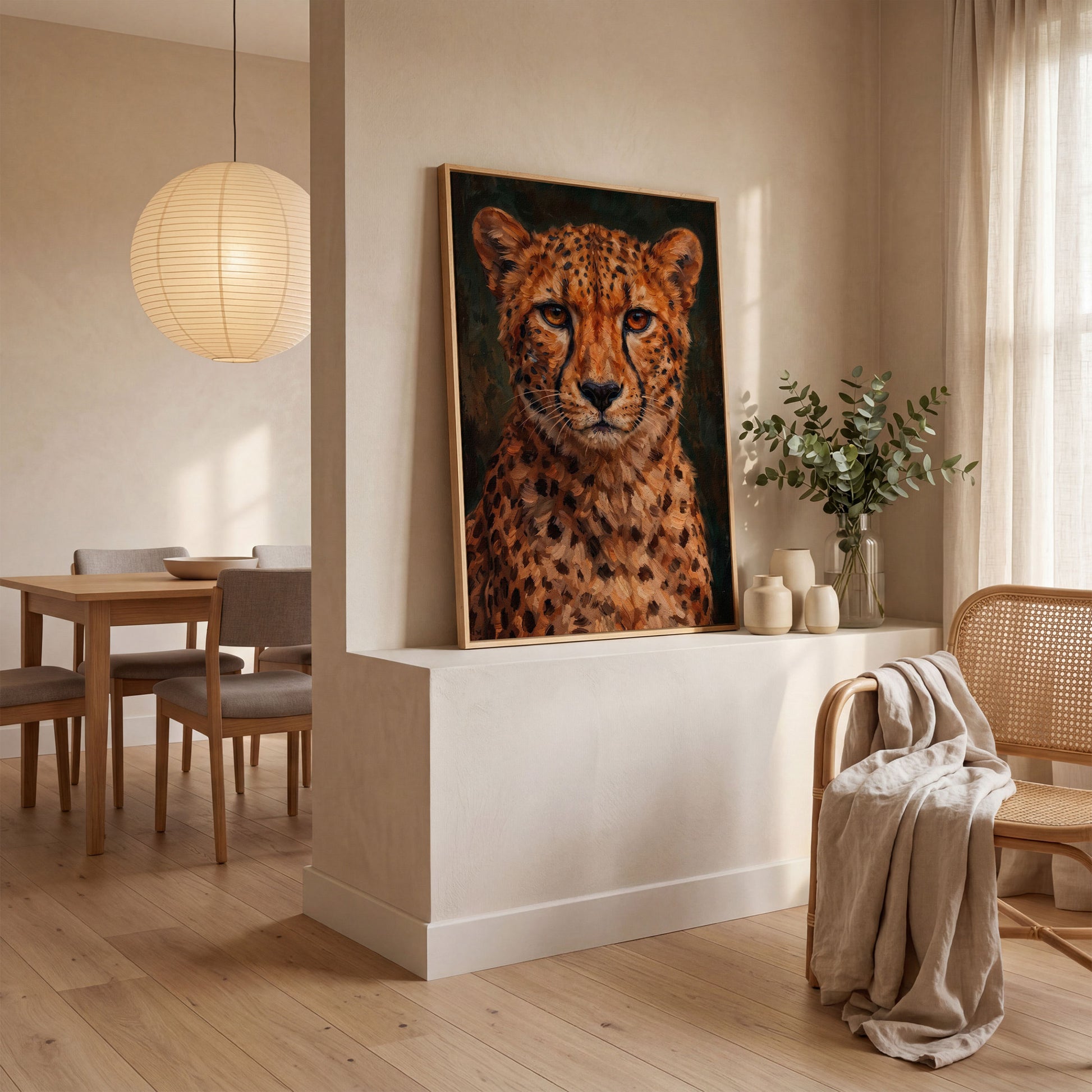 Cheetah Portrait Canvas Print, Head and Chest Close-Up in white oak floating frame