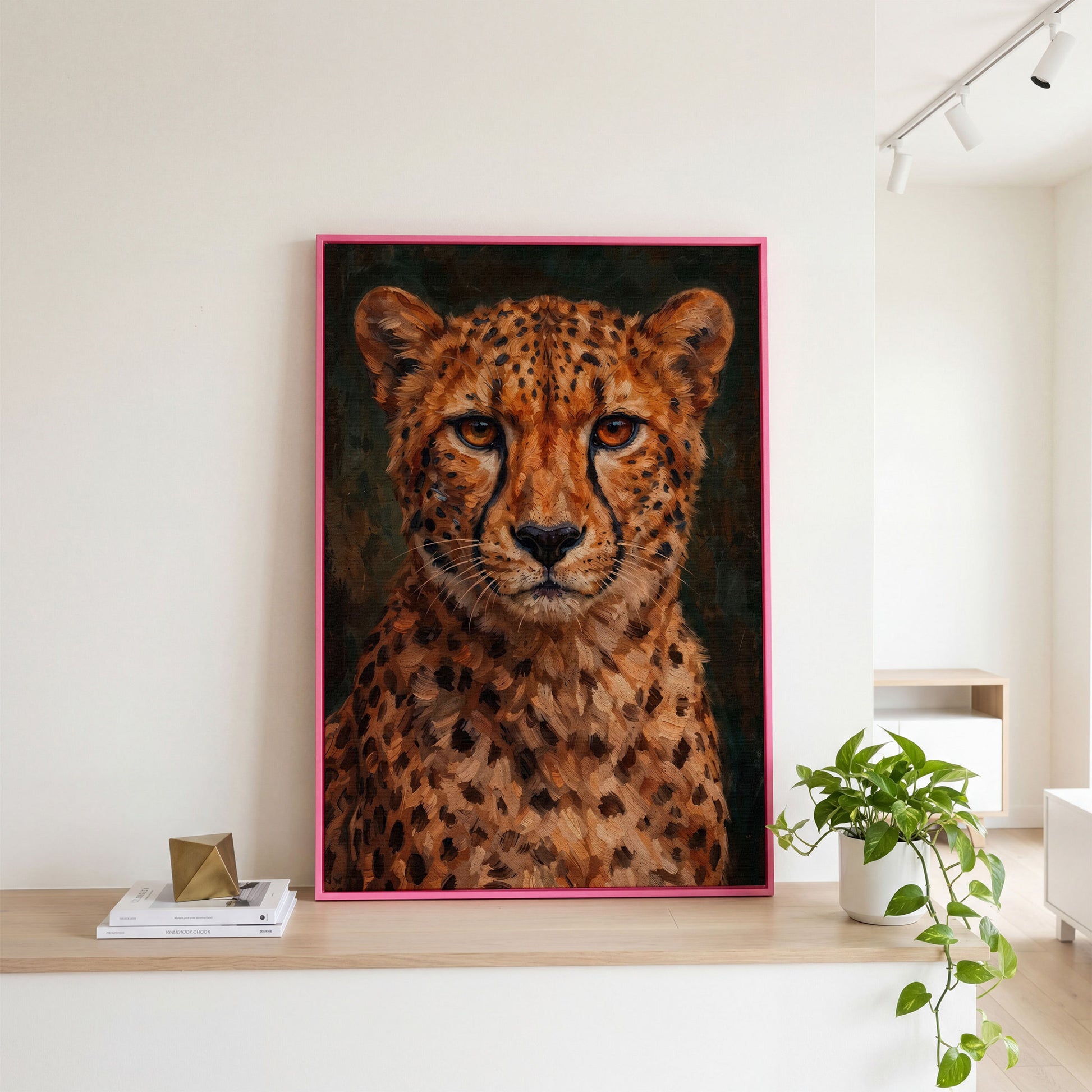Cheetah Portrait Canvas Print, Head and Chest Close-Up in pink floating frame