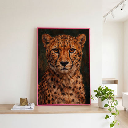 Cheetah Portrait Canvas Print, Head and Chest Close-Up in pink floating frame