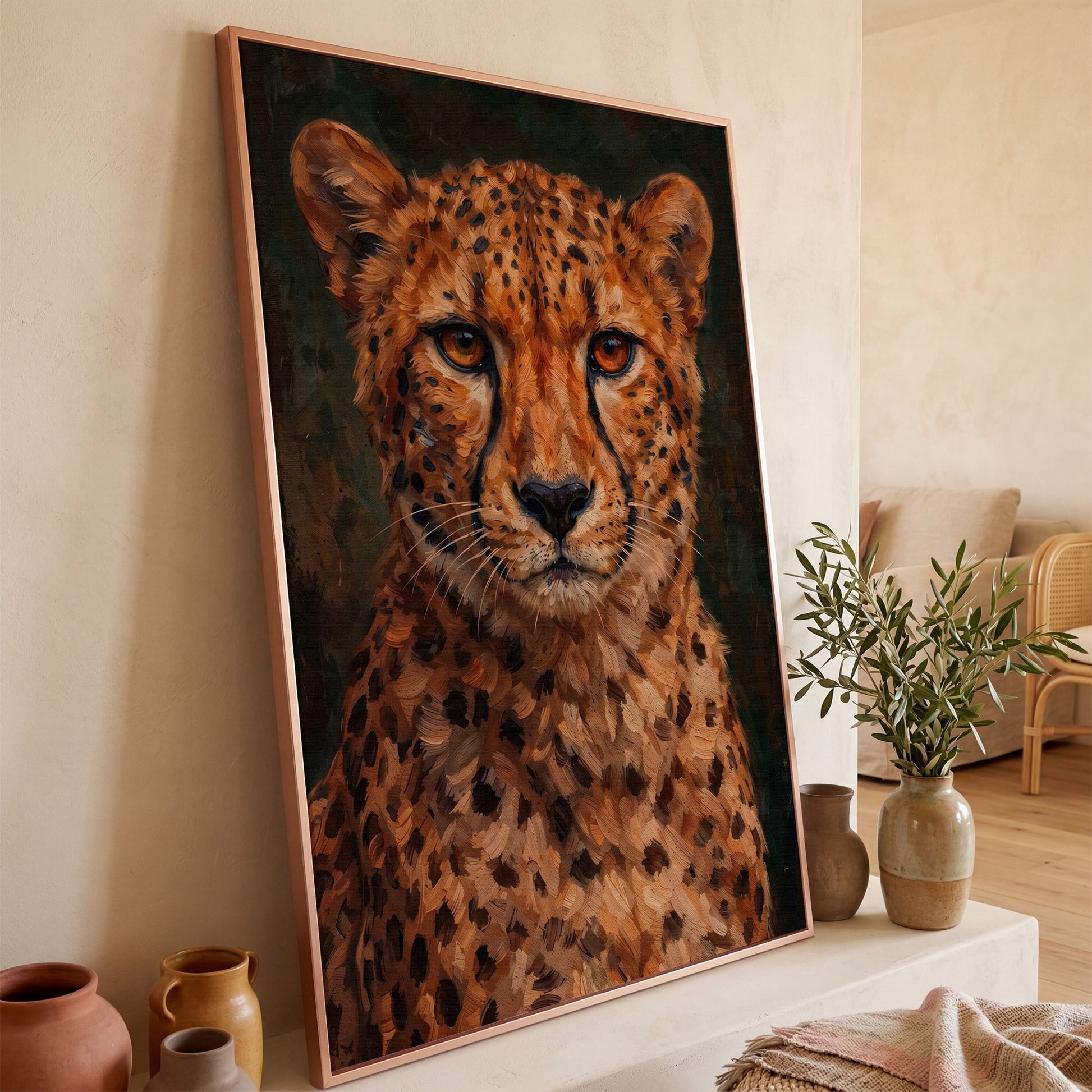 Cheetah Portrait Canvas Print, Head and Chest Close-Up in rose gold floating frame