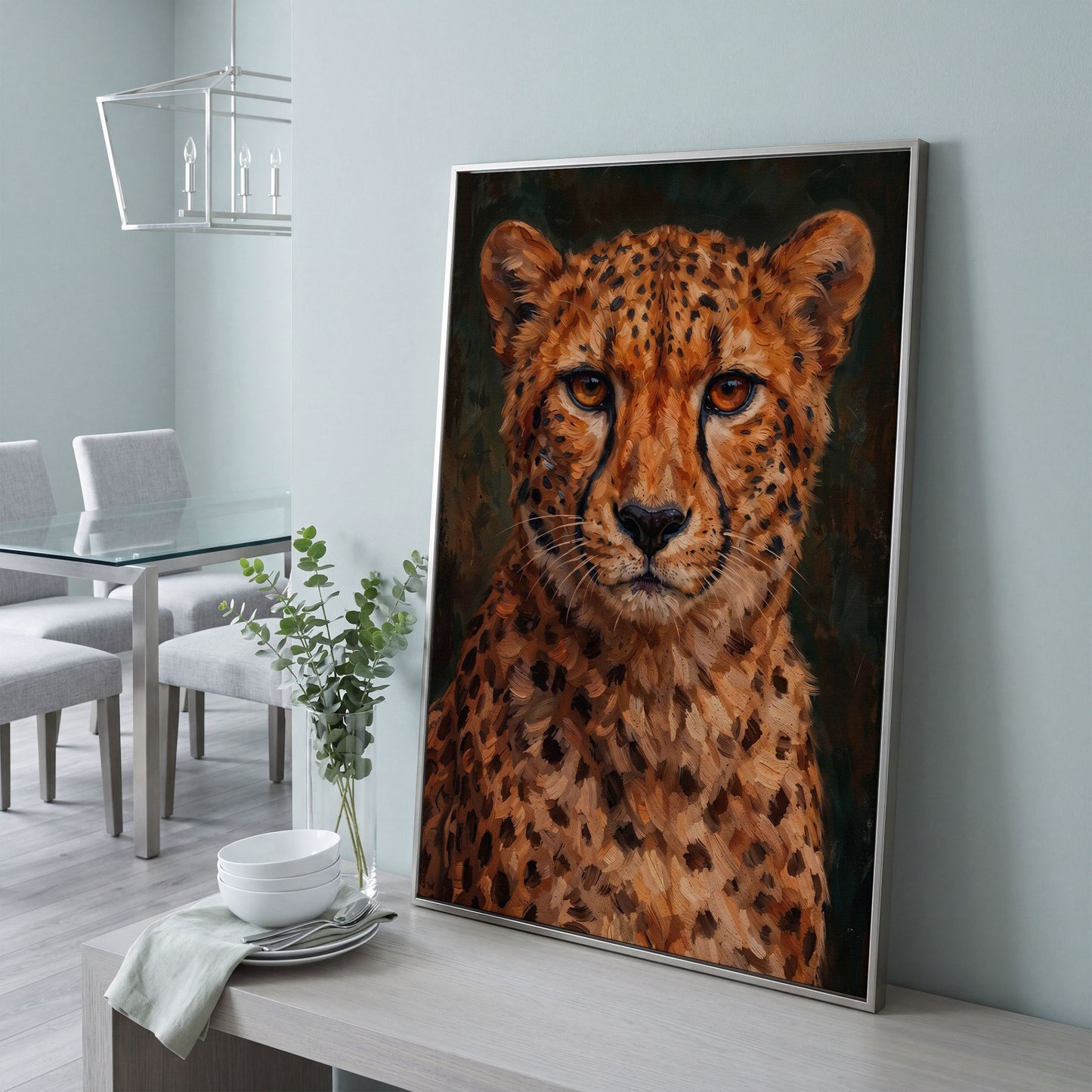 Cheetah Portrait Canvas Print, Head and Chest Close-Up in silver floating frame