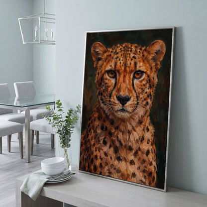 Cheetah Portrait Canvas Print, Head and Chest Close-Up in silver floating frame