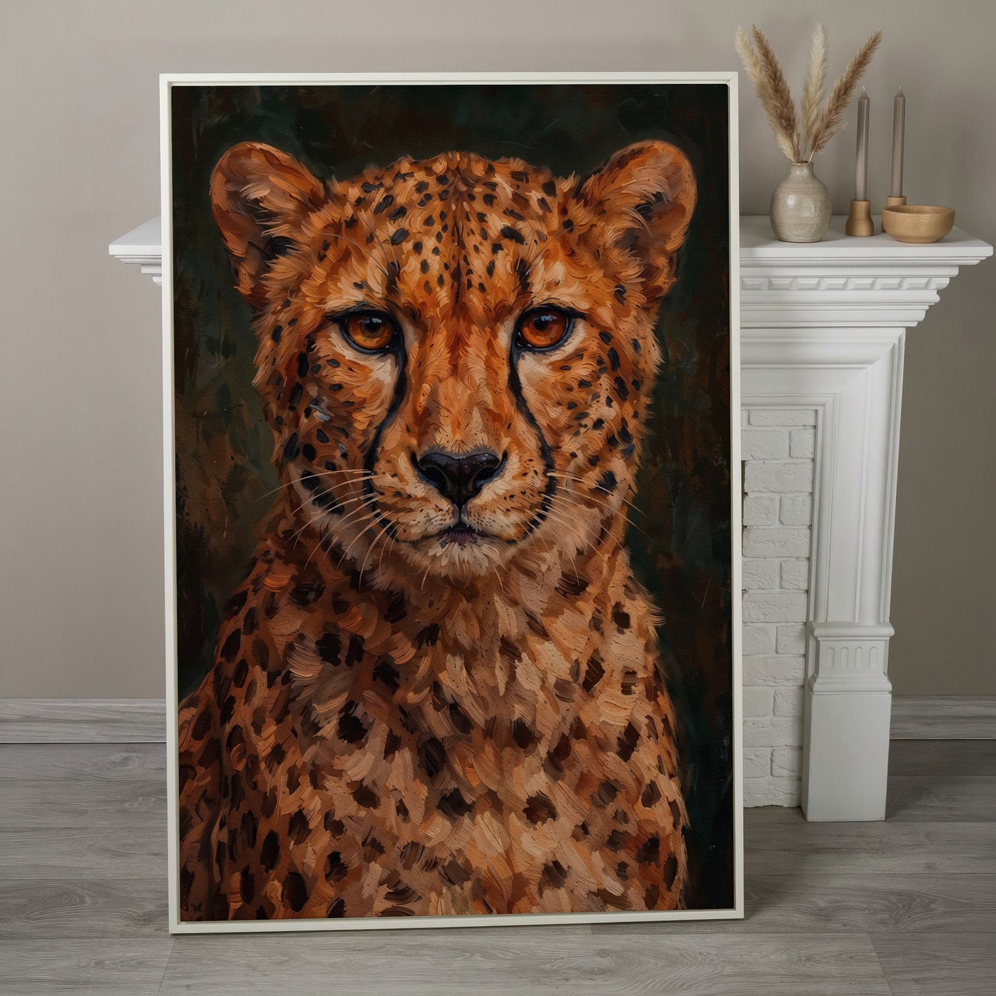 Cheetah Portrait Canvas Print, Head and Chest Close-Up in white floating frame