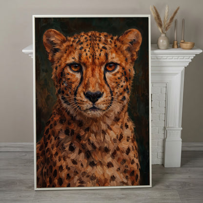 Cheetah Portrait Canvas Print, Head and Chest Close-Up in white floating frame