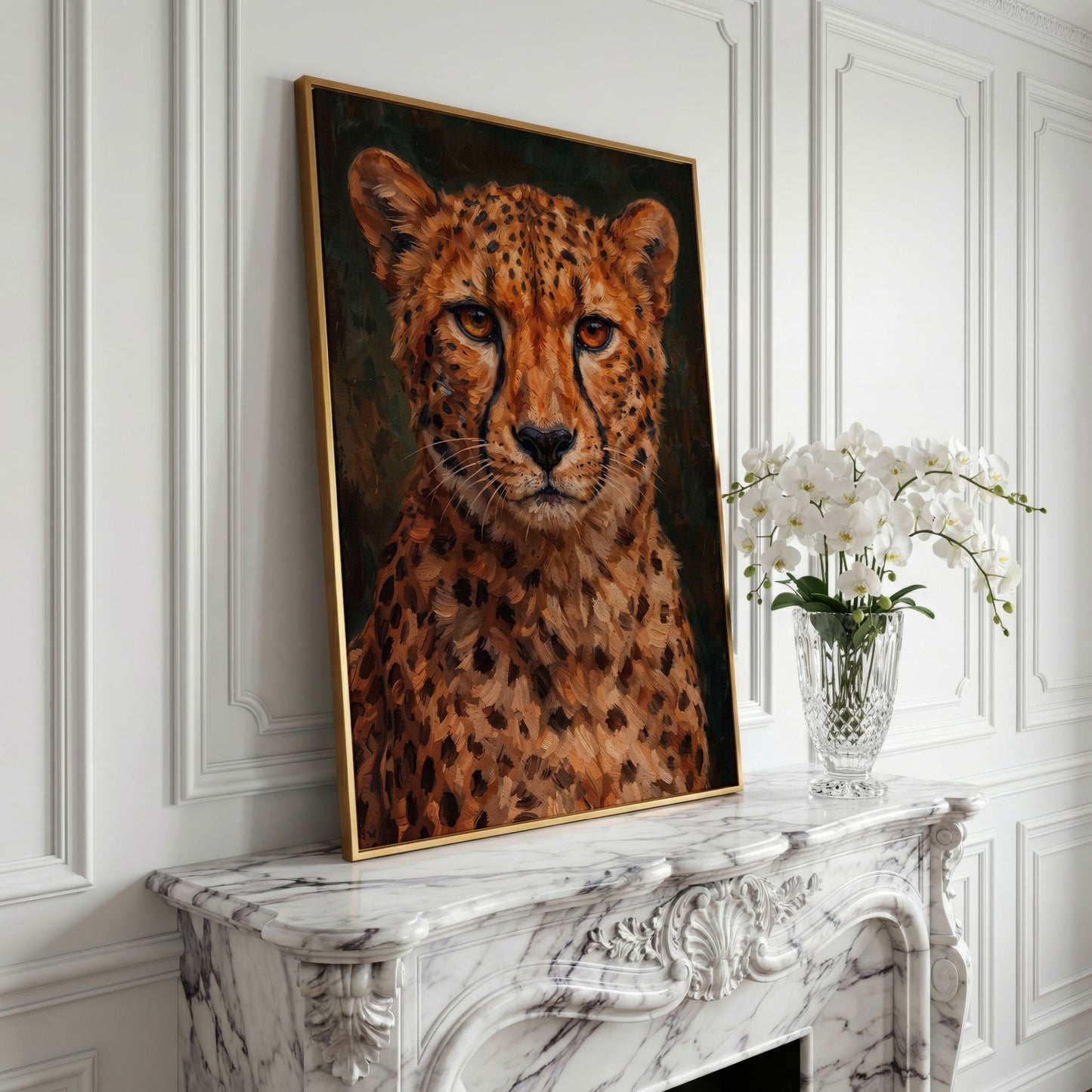 Cheetah Portrait Canvas Print, Head and Chest Close-Up in yellow gold floating frame