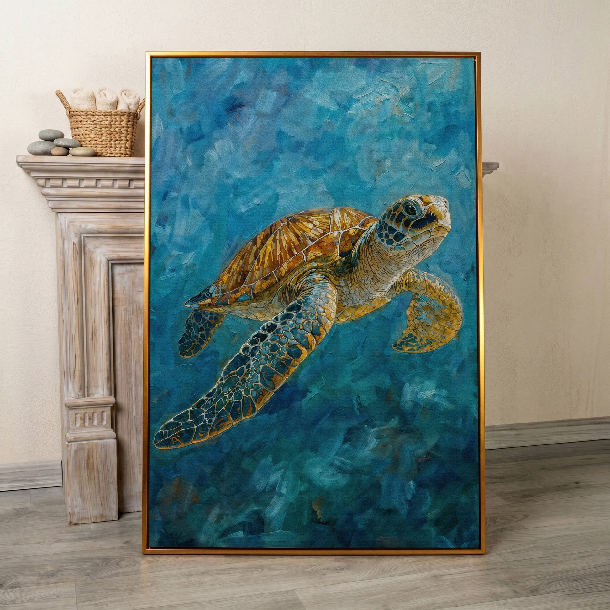 Sea Turtle Swimming in the Ocean. Portrait Canvas Art in antique gold floating frame