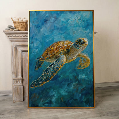 Sea Turtle Swimming in the Ocean. Portrait Canvas Art in antique gold floating frame
