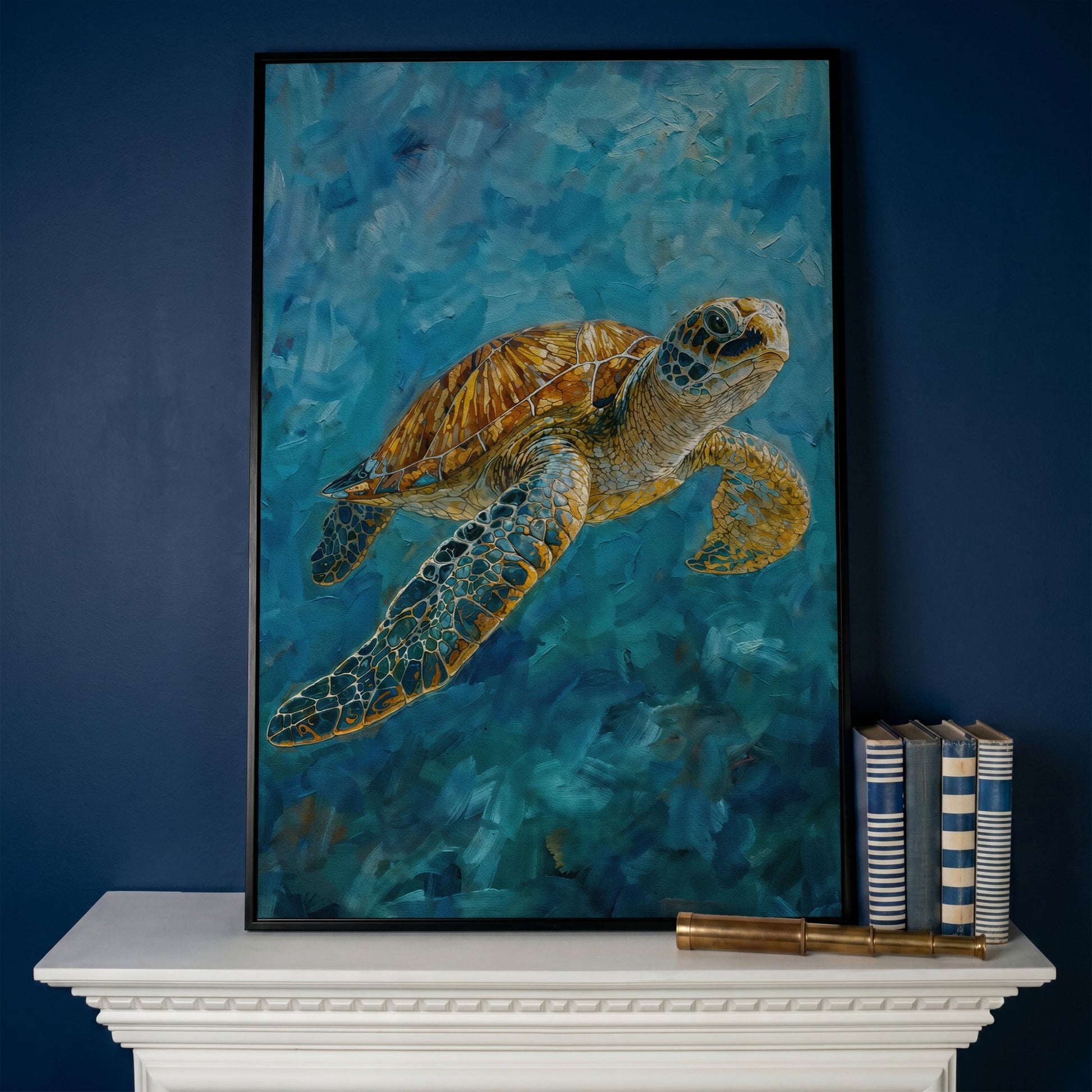 Sea Turtle Swimming in the Ocean. Portrait Canvas Art in black floating frame