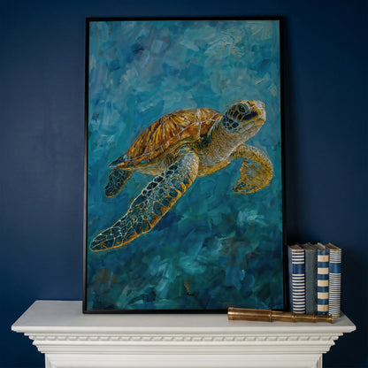 Sea Turtle Swimming in the Ocean. Portrait Canvas Art in black floating frame